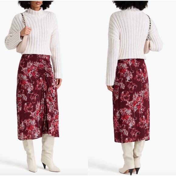IRO Alise Abstract Print Draped Crepe De Chine Midi Skirt In Burgundy Size 6 New